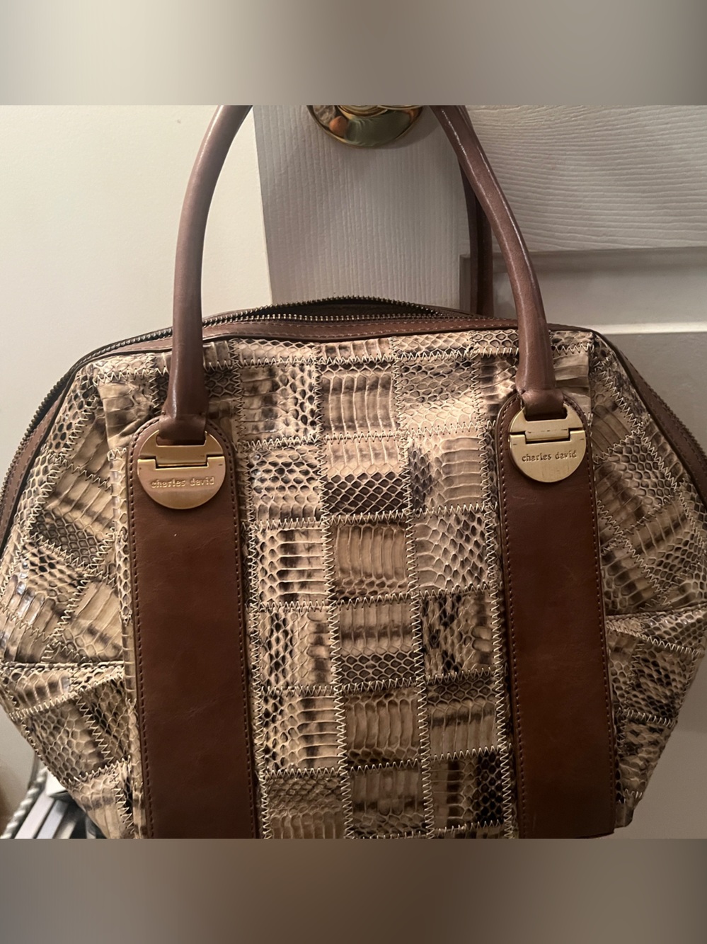 Charles David Brown and Cream Snakeskin-Pattern Satchel